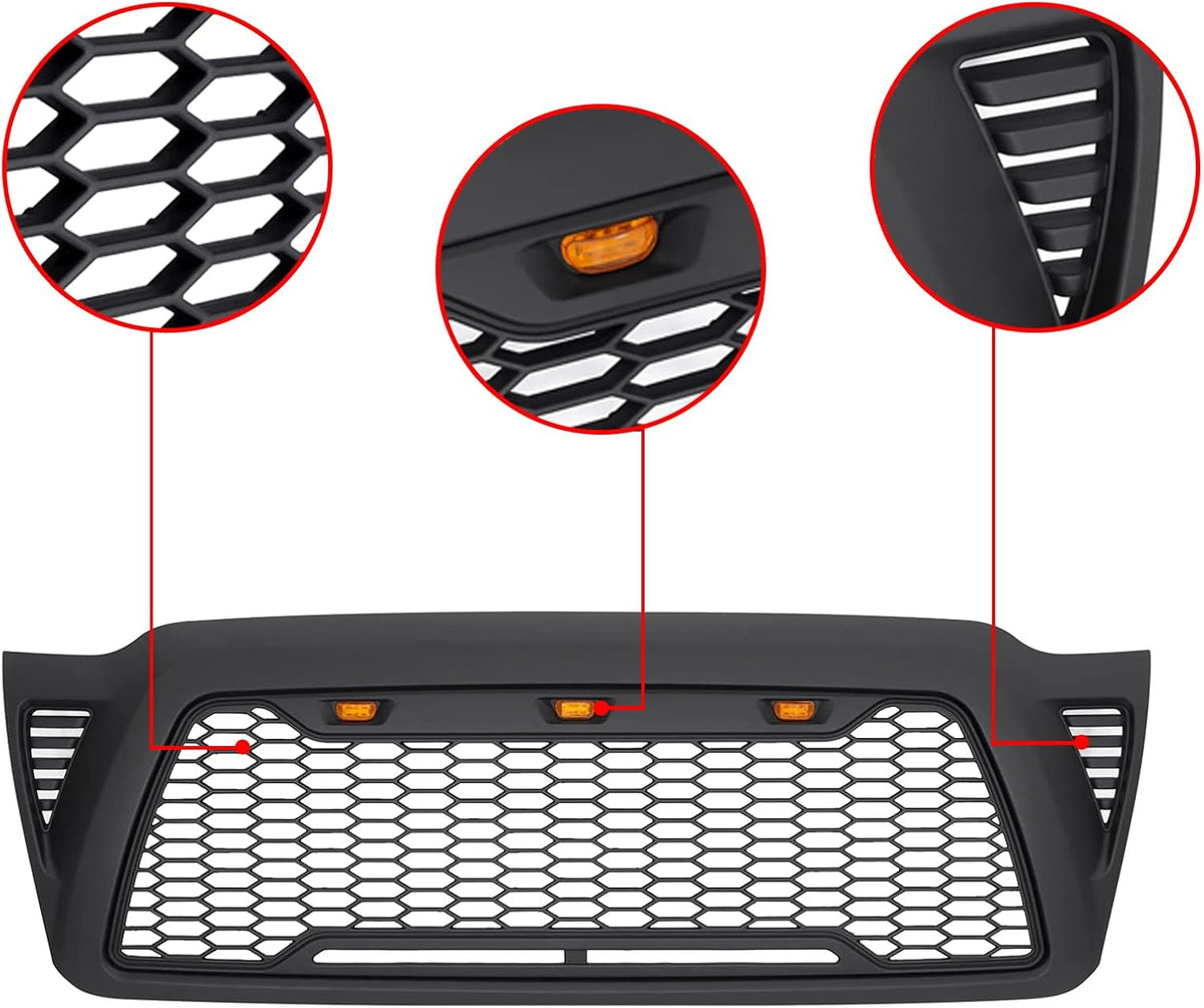 Mesh Grille Front ABS for Toyota Tacoma 2005-2011 with 3 LED Lights B3005
