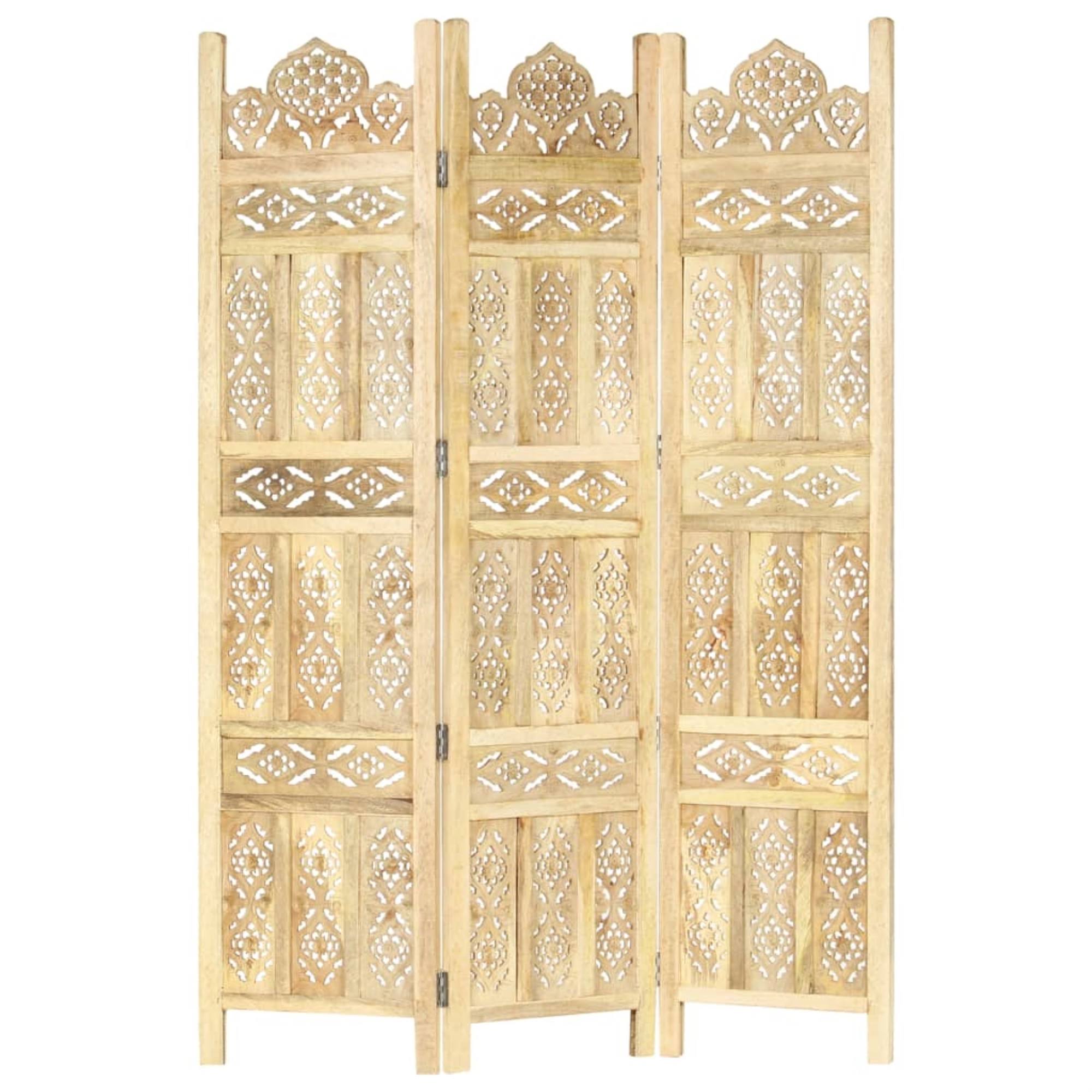 vidaXL Hand Carved 3-Panel Room Divider 47.2x22x65x22 Solid Mango Wood