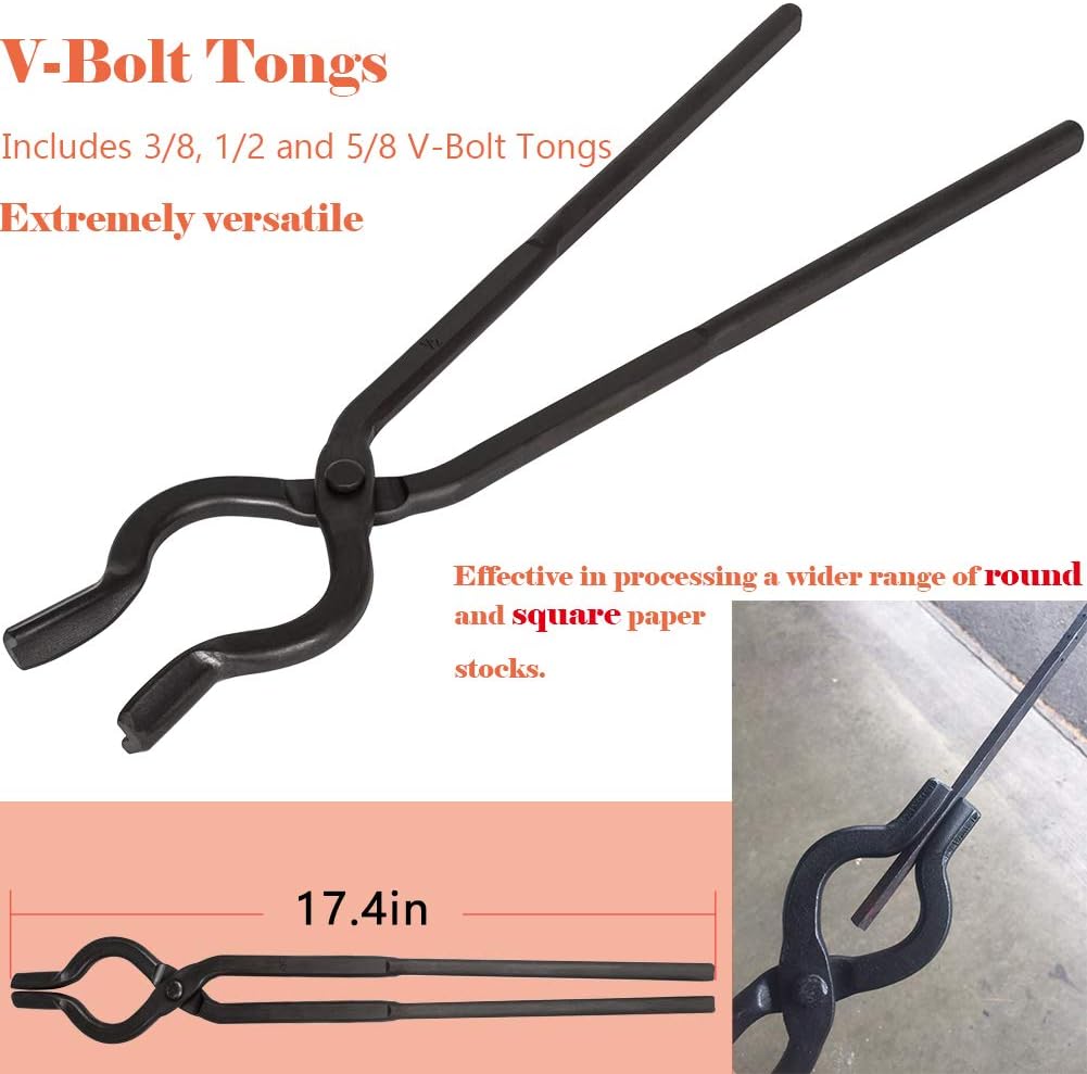 Blacksmith Forge Tongs Set, 6 Pcs with V-Bit, Flat Jaw, Pick Up, and Scroll Tongs C436193