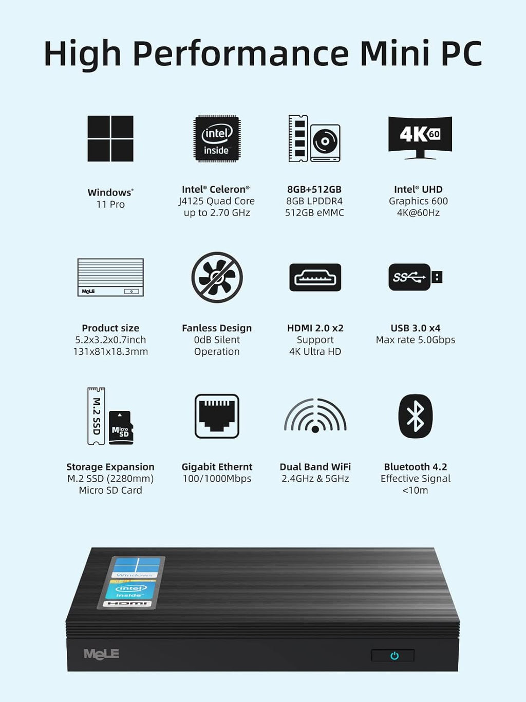 Fanless Mini PC Windows 11 Pro 8GB 512GB 4K Dual HDMI I316783