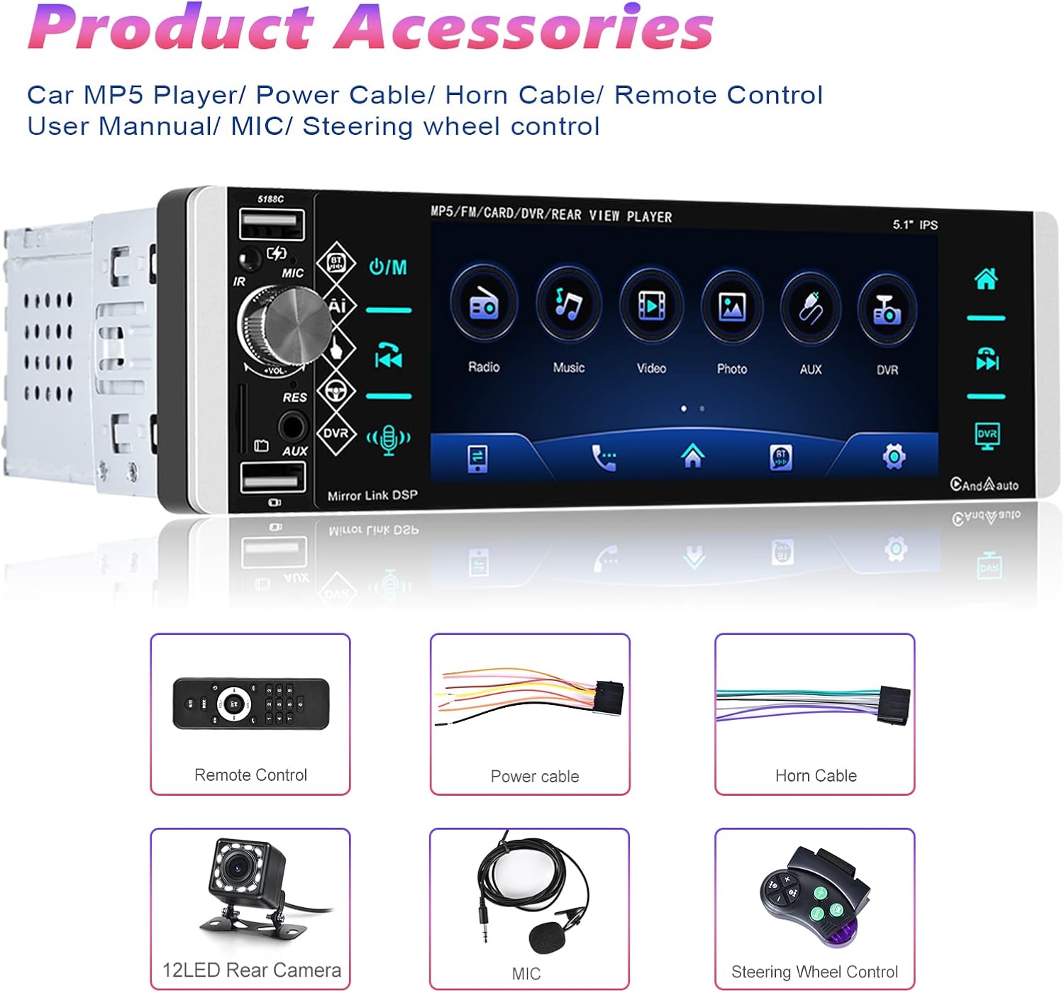 5.1 Inch Single Din Car Stereo Touchscreen Radio with Carplay, Android Auto, Bluetooth and Backup Camera A44512
