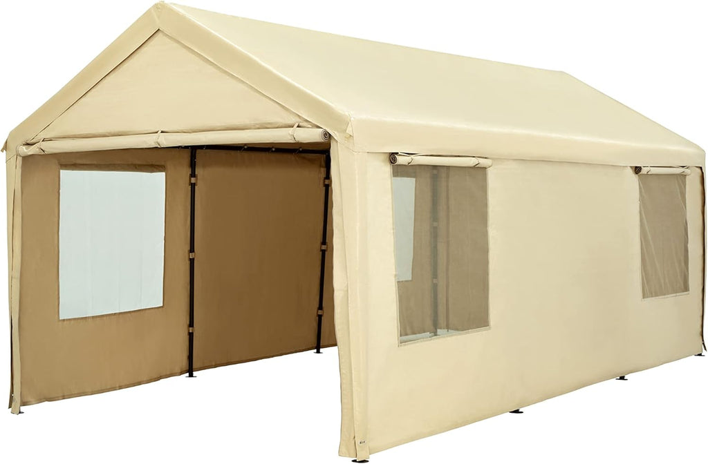 Carport, 10 x 20 ft Heavy Duty Carport with Ventilated Windows, Portable Garage with Removable Sidewalls & Doors, All-Season Car Canopy for Auto, Truck, Boat, SUV, Beige