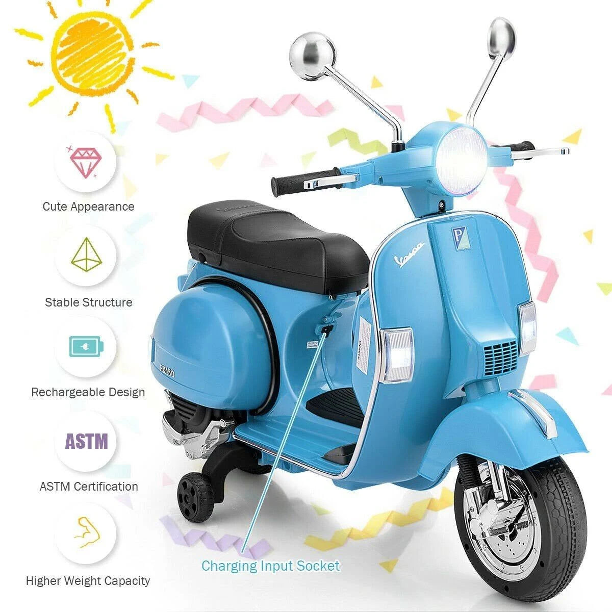 Kids Ride on Vespa Scooter with Headlight Blue R402