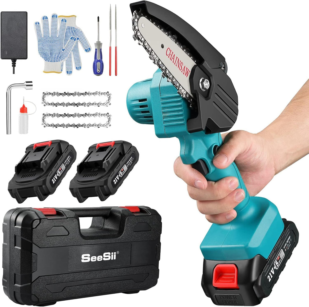 Mini ChainSaw with 2 Battery, Seesii 4-Inch Cordless Electric Pruning Chain Saw with Replacement Chain, One-Handed Portable Chainsaw for Branch Wood Cutting Garden Tree Logging Trimming Pack of 2