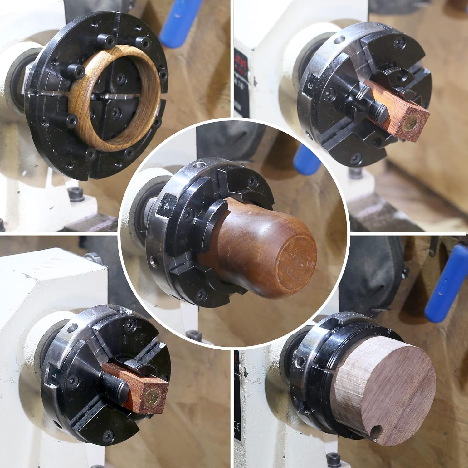 4 Inch Wood Lathe Chuck Set, 5 Interchangeable 4-Jaw, 1"x8Tpi & 3/4"x16Tpi Adapter Q601
