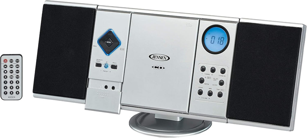 Jensen Modern Black Series JMC-180 Silver Wall Mountable Vertical Loading CD Music System, Digital AM/FM Stereo with Speakers, Aux-in, & Headphone Jack Remote Control (Silver) Pack of 2