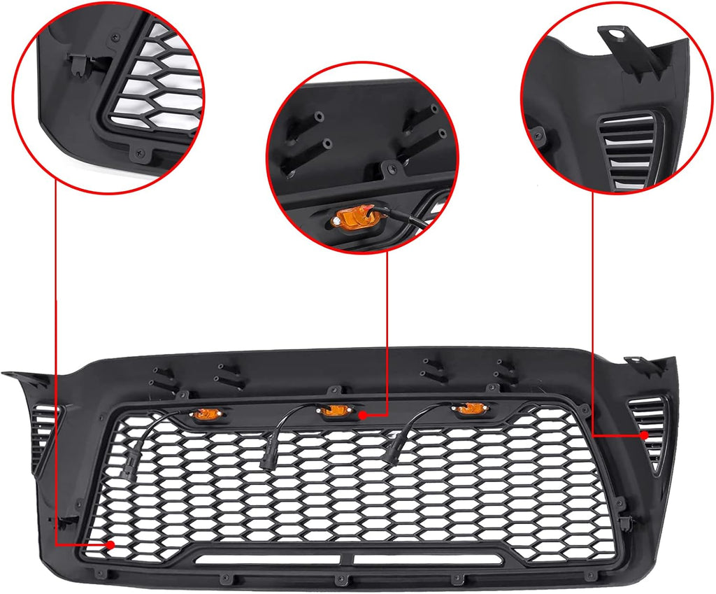 Mesh Grille Front ABS for Toyota Tacoma 2005-2011 with 3 LED Lights B3005