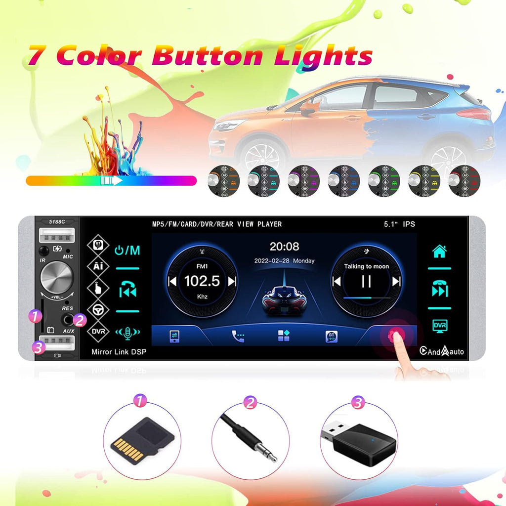 5.1 Inch Single Din Car Stereo Touchscreen Radio with Carplay, Android Auto, Bluetooth and Backup Camera A44512