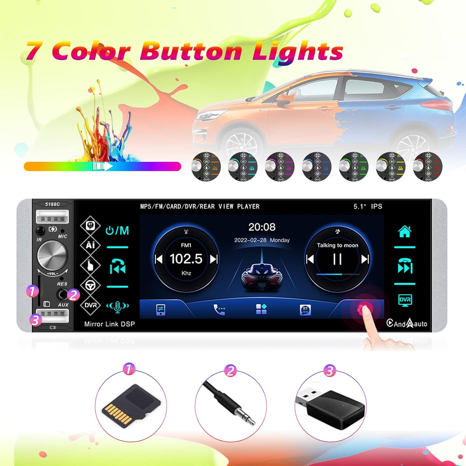 5.1 Inch Single Din Car Stereo Touchscreen Radio with Carplay, Android Auto, Bluetooth and Backup Camera A44512