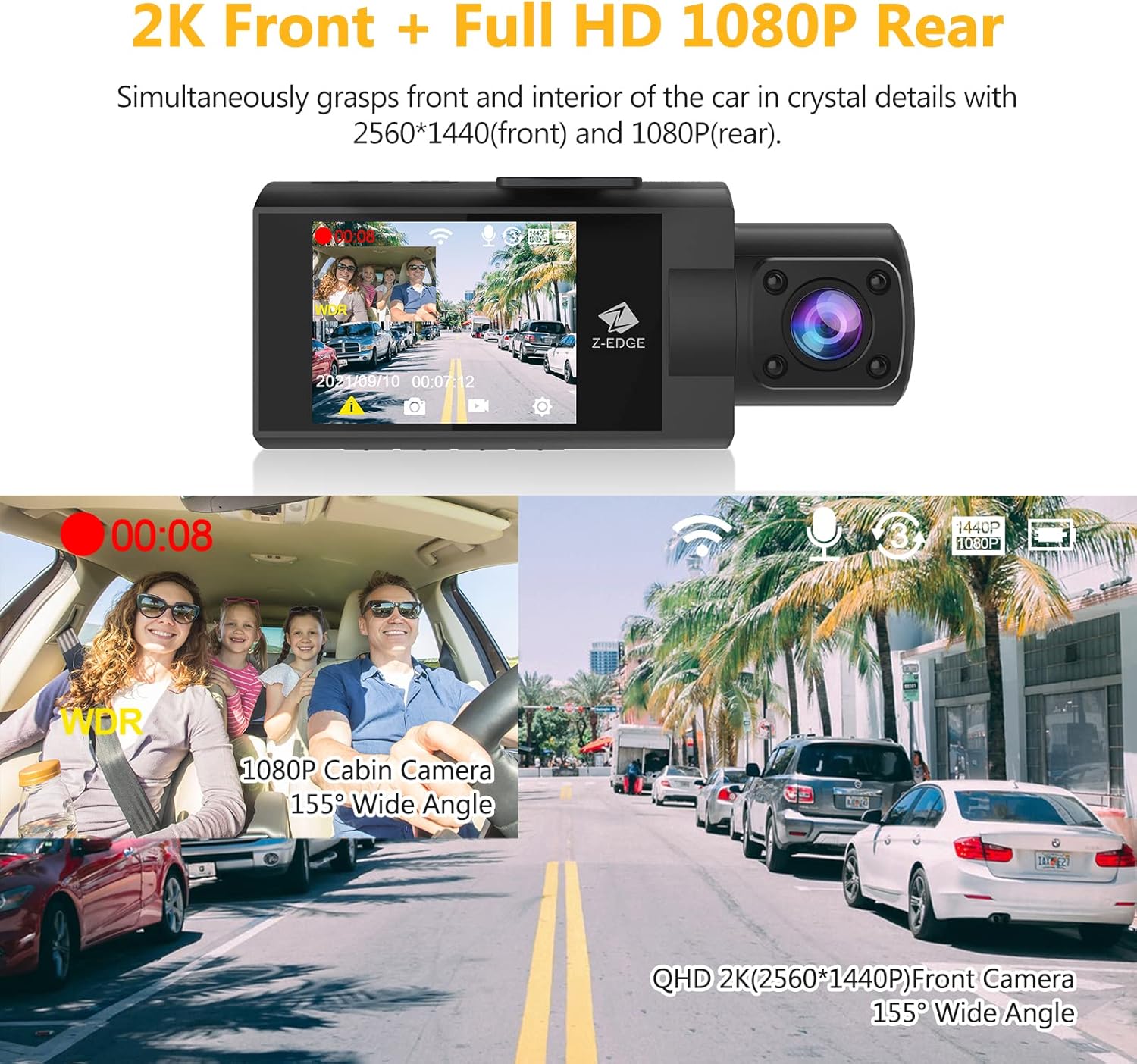 WiFi Dash Cam, 2K+1080P Front and Inside Dual Car Camera, IR Night Vision J123