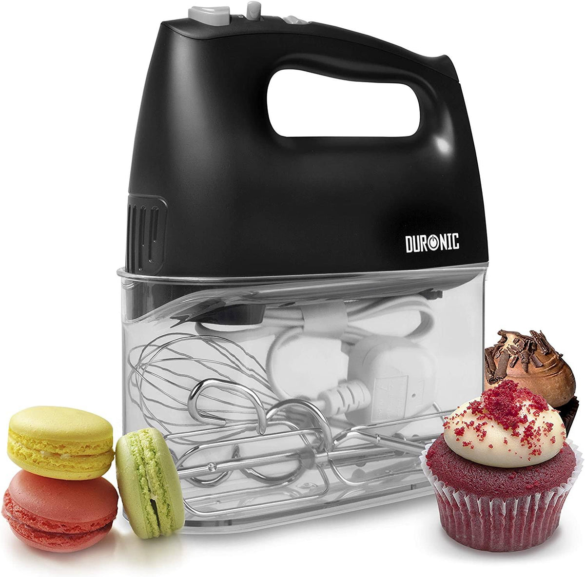 Duronic HM4 Electric Hand Mixer | 400W | 5 Speed | Baking Set with 5 Attachments: 2 Beaters, 2 Dough Hooks, 1 Whisk | All-in-One