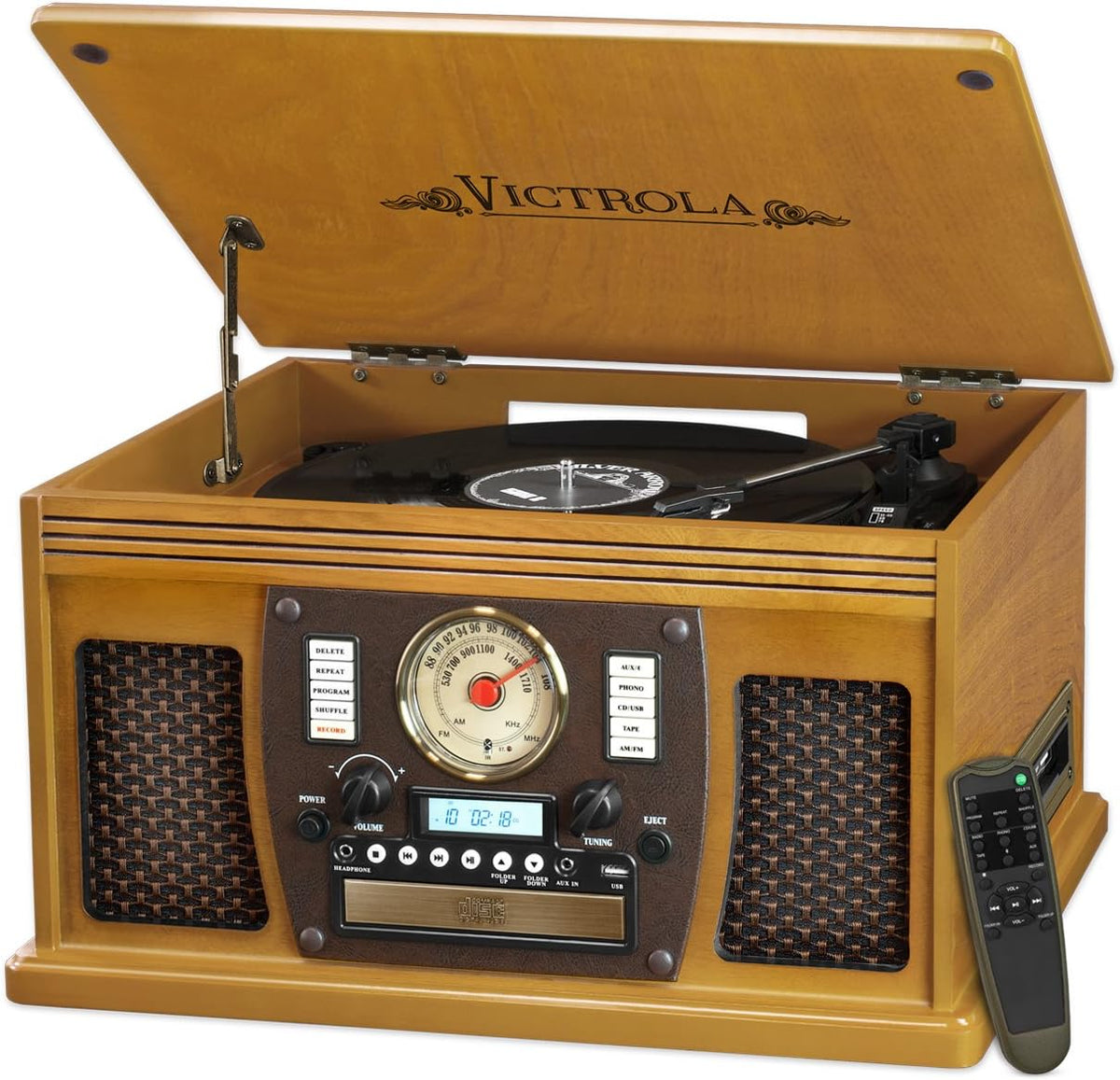 8-in-1 Bluetooth Record Player with Stereo Speakers, Turntable, Wood Y4713