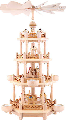 German Christmas Pyramid Nativity Scene, 3-tier, 55 cm, Natural with Tealights V73065