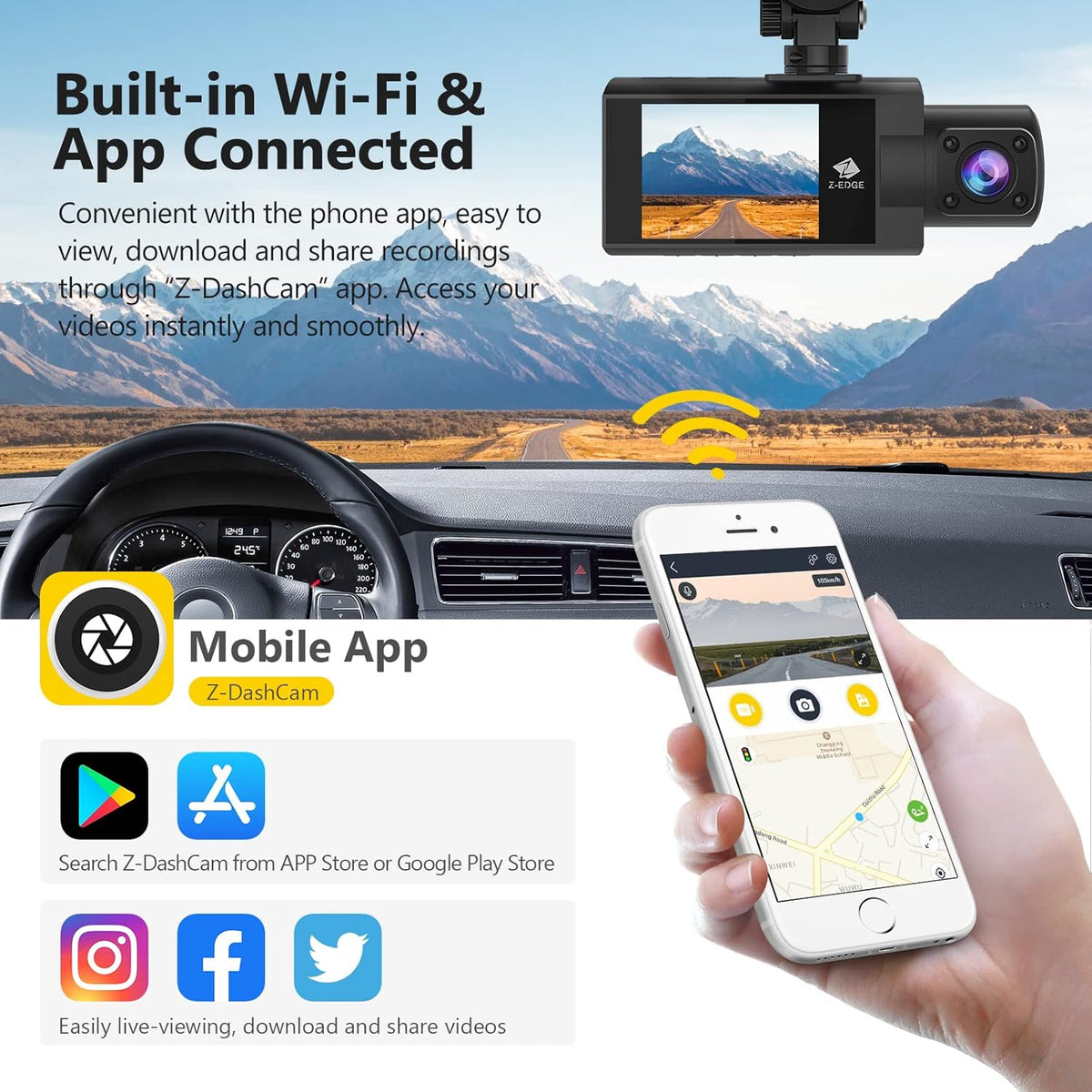 WiFi Dash Cam, 2K+1080P Front and Inside Dual Car Camera, IR Night Vision J123