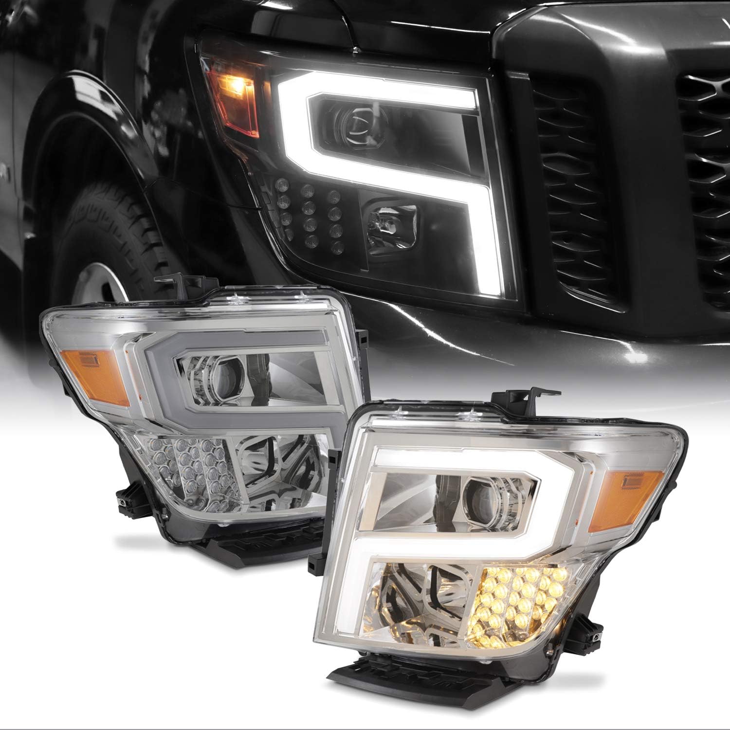 Projector LED DRL Light Bar Headlights for 2016-2019 Nissan Titan N304