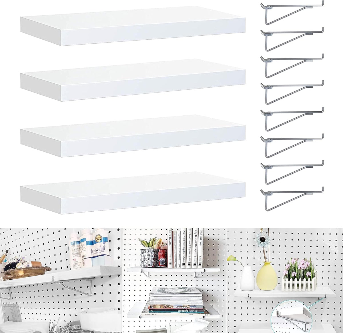Pegboard Shelf Set, Pegboard Shelves with Steel Pegboard Brackets Pegboard Hooks, White Stain-Resistant Peg Board Organizer Shelves -Pegboard Accessories for Home,Garage,Nursery Pack of 2