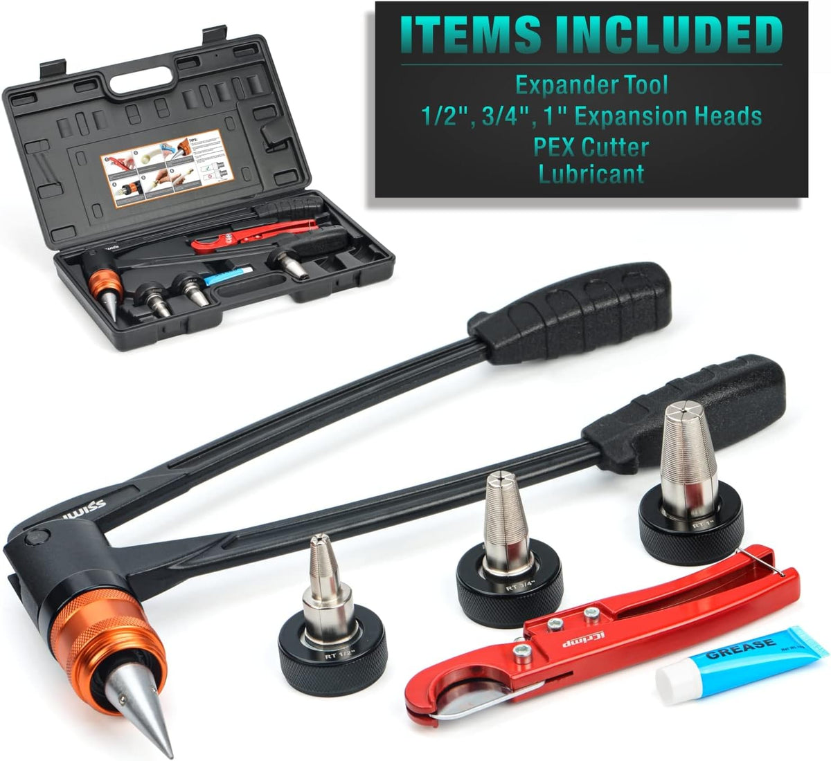 PEX-A Expander Tool Kit with Self-Rotary Heads, 1/2, 3/4, 1-Inch, PEX Cutter Included W166462