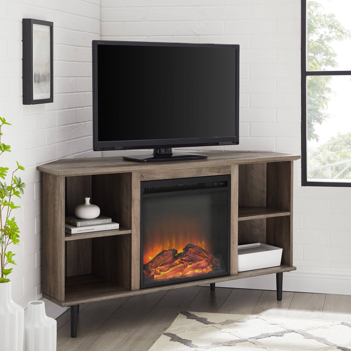 Corner Fireplace TV Console, 48-Inch, Grey Wash M45880