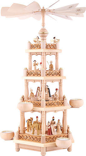 German Christmas Pyramid Nativity Scene, 3-tier, 55 cm, Natural with Tealights V73065