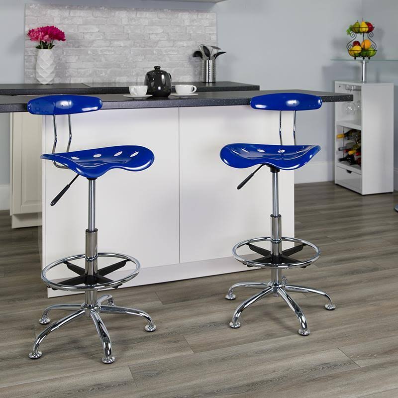 Vibrant Nautical Blue and Chrome Drafting Stool with Tractor Seat