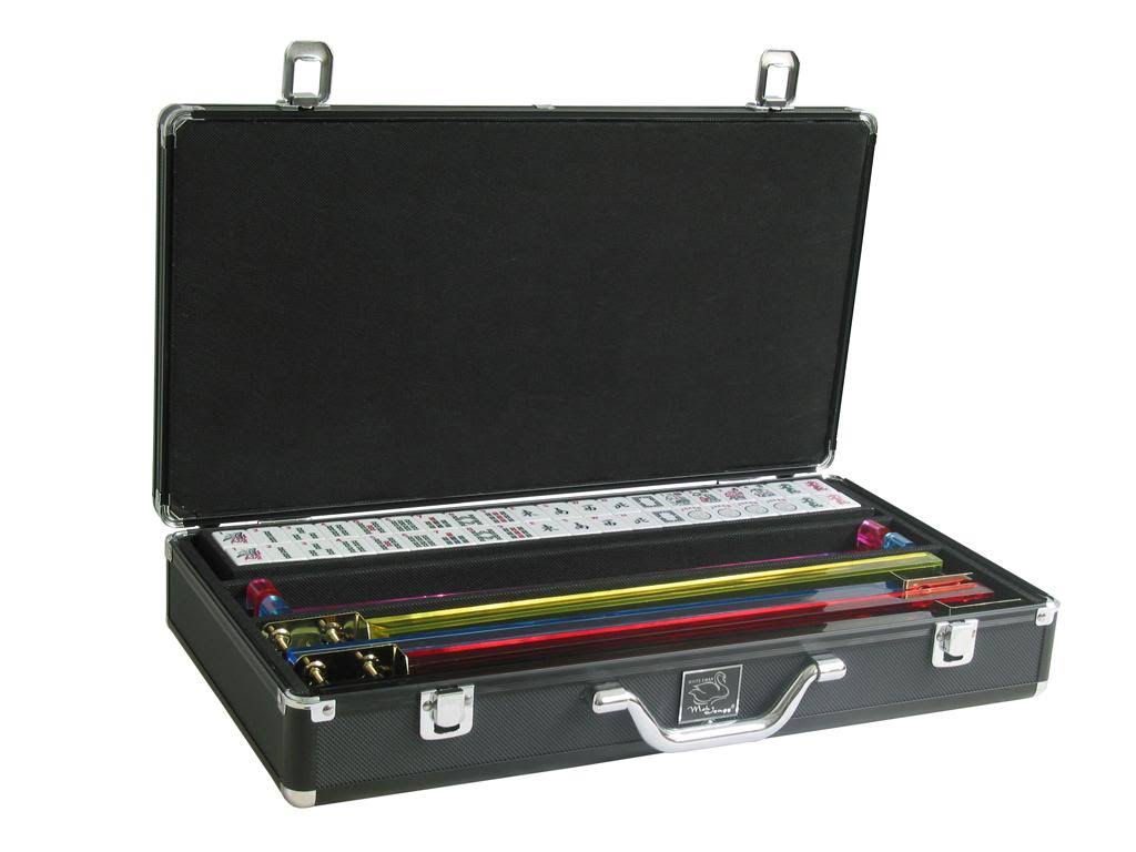 White Swan mAh Jongg - White/Green Tiles - Classic Pusher Arms - Aluminum Case - Black