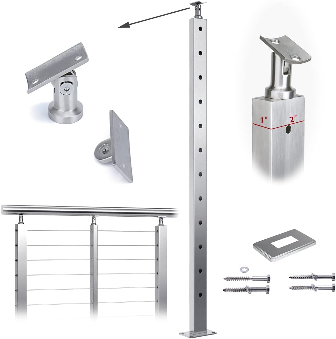 Muzata Cable Railing Post Intermediate Stabilizer 42"x1"x2" Stainless Steel Brushed Finishing Pre-Drilled Post Surface Mount for Wood Concrete Level Deck Stair Invisible kit PS11 LH4L, PT1 PT2 PT6