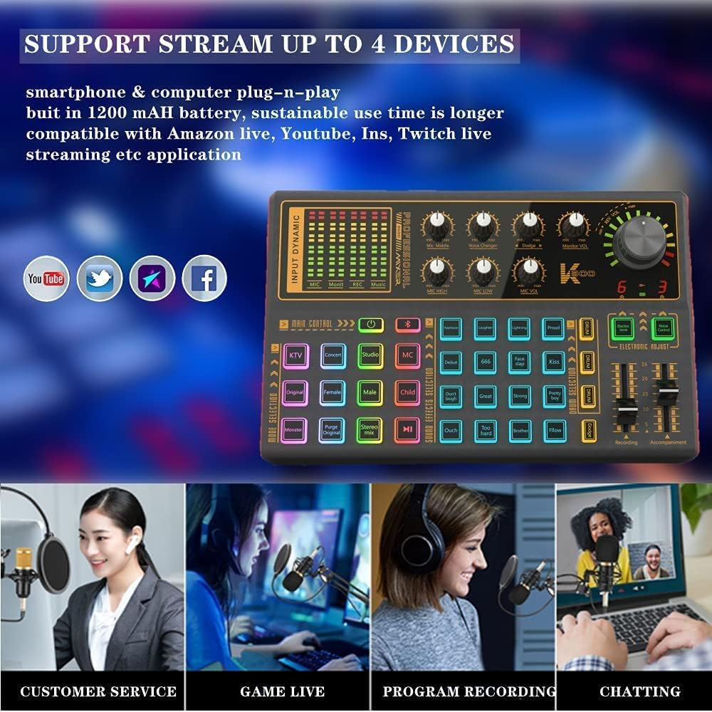 LED Voice Changer Sound Card for Live Streaming, Music Recording, Karaoke, 2 Pack W342