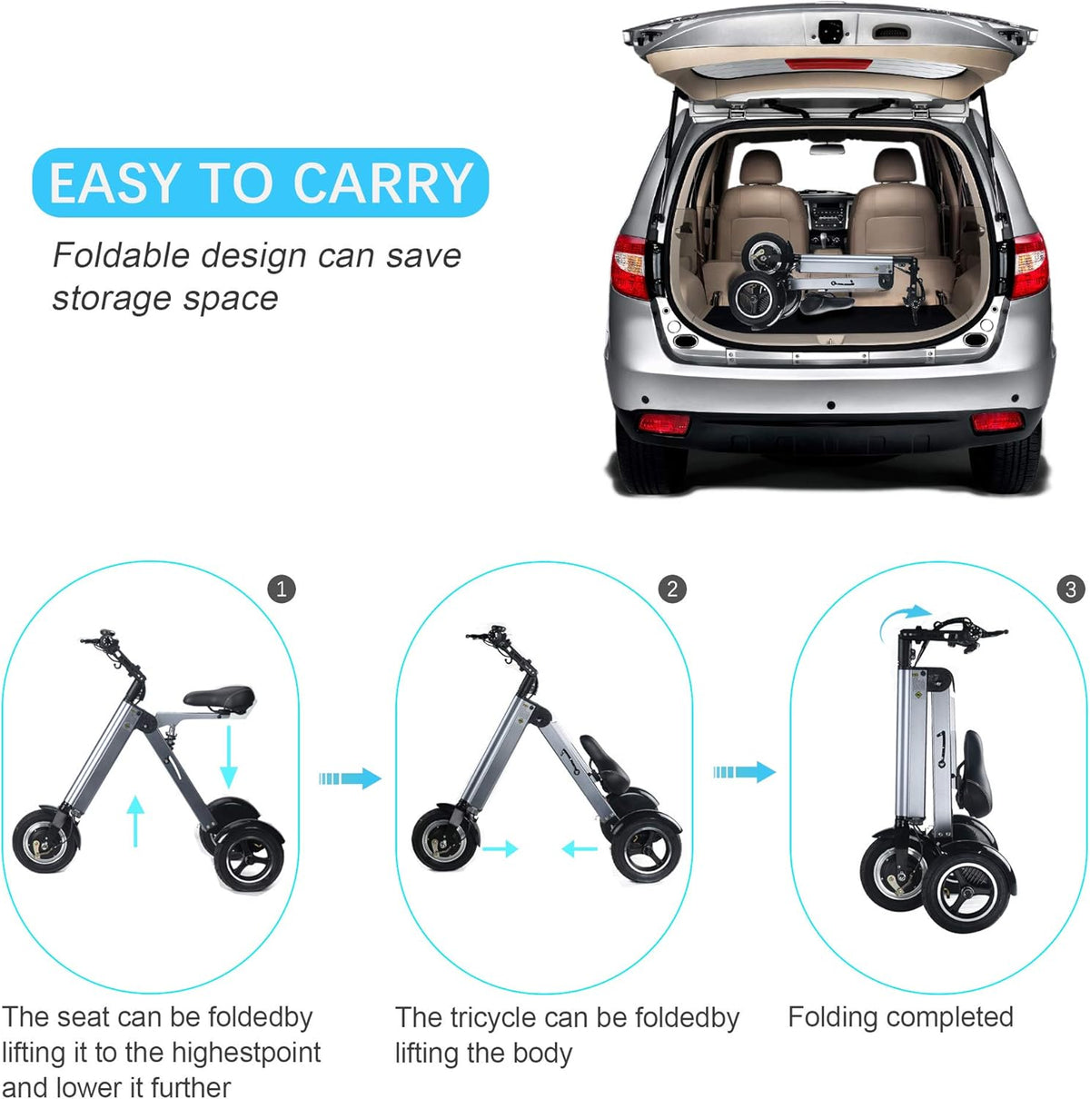 Electric Scooter Mini Tricycle for Adult, Folding Mobility Scooter with 10 Inch Pneumatic Tires and Reverse Function J1012