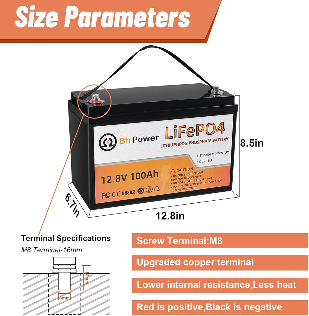 12V 100Ah LiFePO4 Deep Cycle Battery with 100A BMS S414810