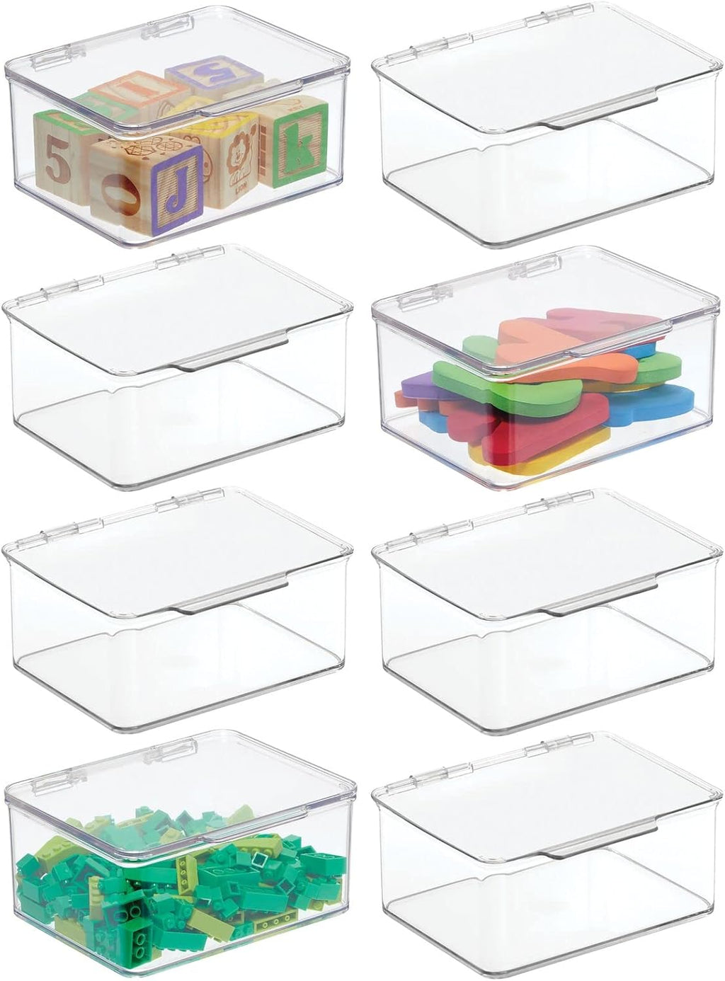 mDesign Plastic Stackable Compact Rectangular Storage Bin, Drawer or Cabinet Organizer with Lid, Container Box for Organizing Art Puzzles, Crayons, Pens, Pencils, Other Organization, 8 Pack - Clear Pack of 2