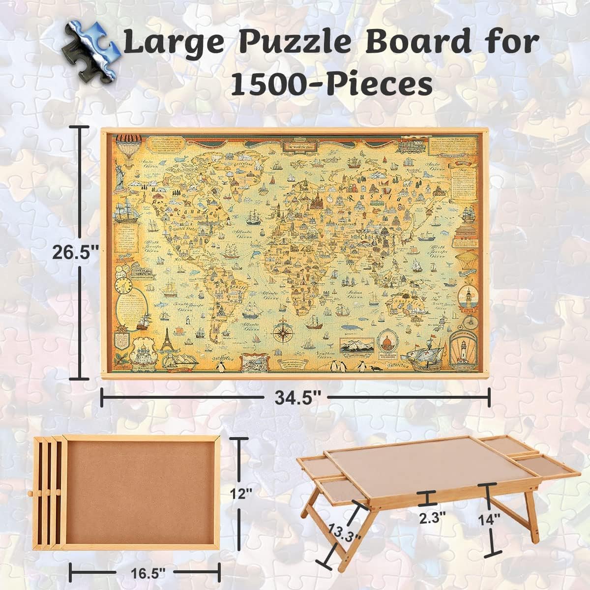 1500 Piece Wooden Jigsaw Puzzle Board with Folding Legs and Drawers Z148