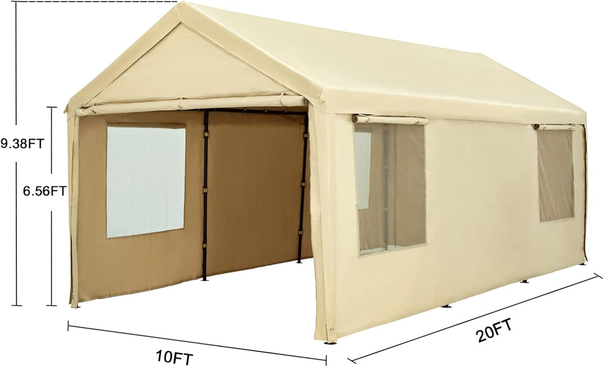 Carport 10 x 20 ft Heavy Duty with Ventilated Windows, Portable Garage, Beige I781572