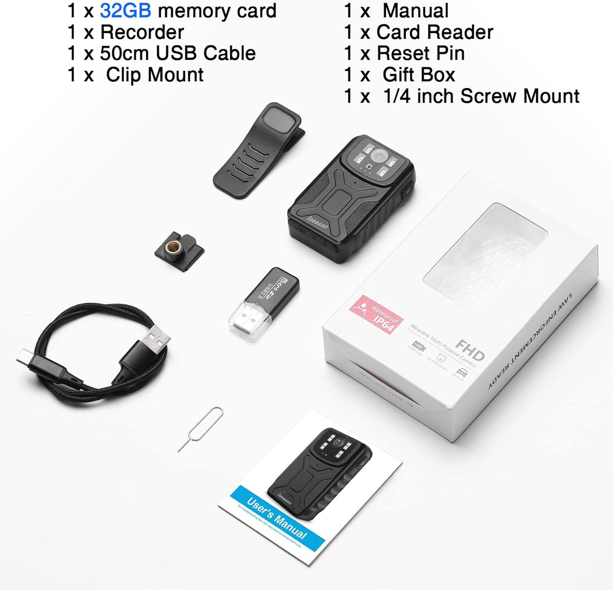 Body Camera with Audio Recording, Night Vision, 32G Memory W993022
