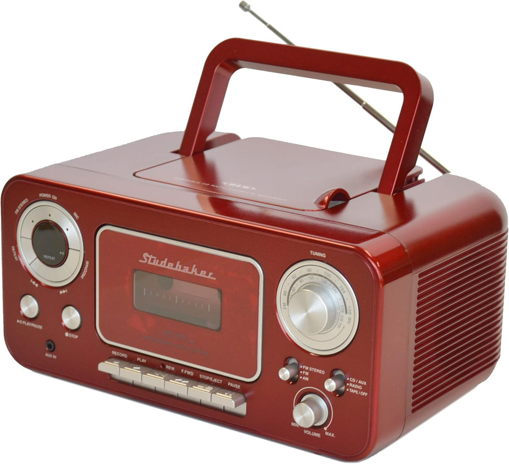 Portable Stereo CD Player with AM/FM Radio and Cassette Player, Red and Silver Y568985