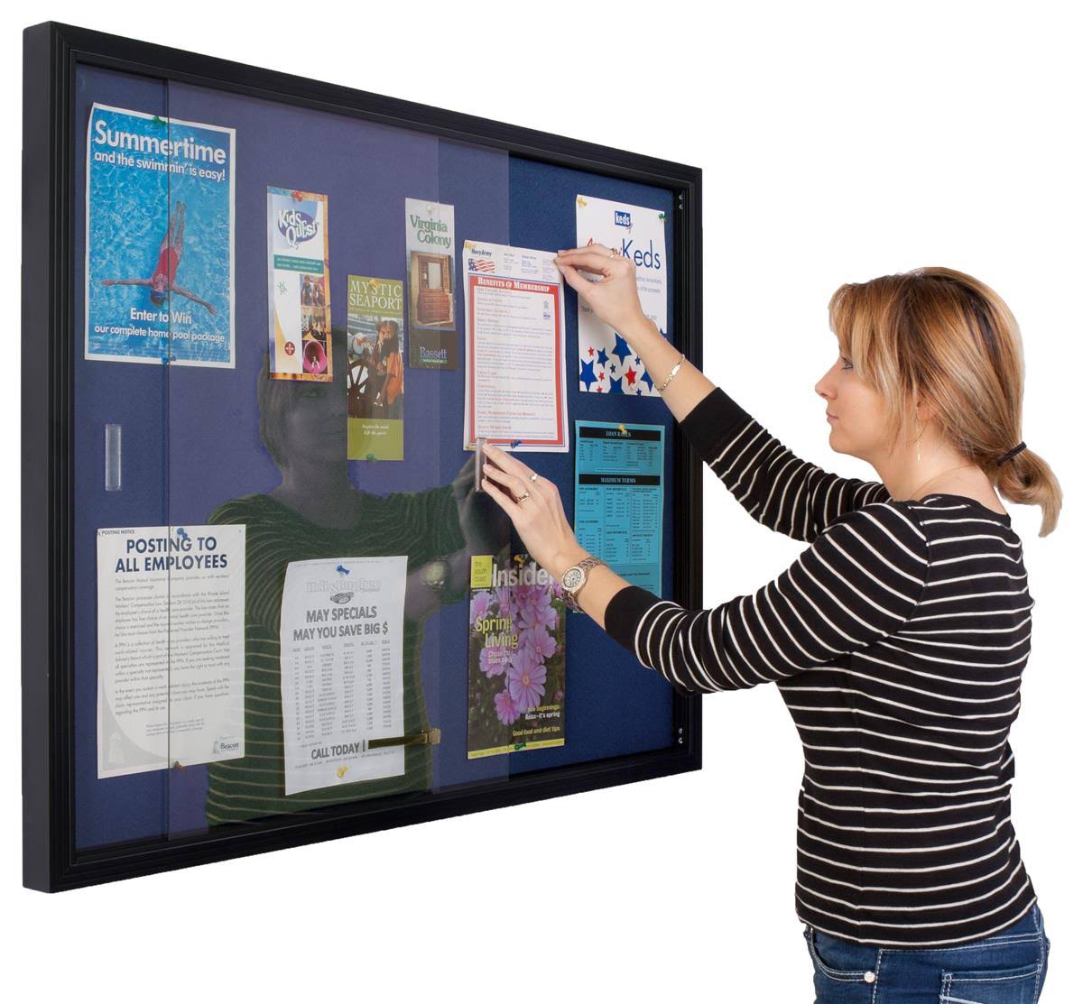 Locking Bulletin Board, 48 x 36 Inch, Blue Fabric, Sliding Glass Doors O321925