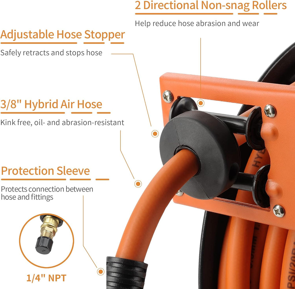 Retractable Air Hose Reel Wall Mount, 50 FT Hybrid Hose, 300PSI W935