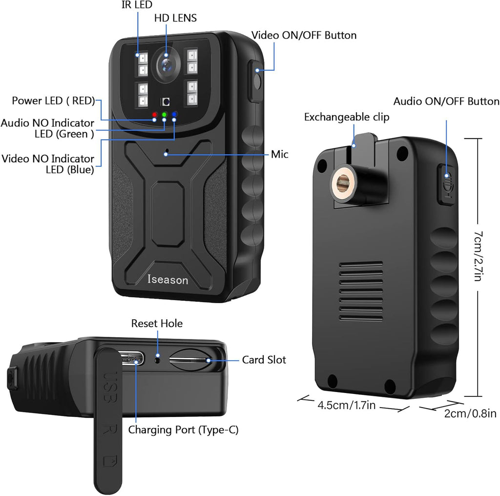 Body Camera with Audio Recording, Night Vision, 32G Memory W993022