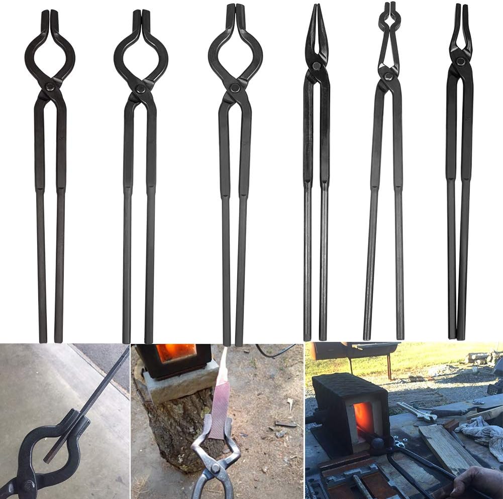 Blacksmith Forge Tongs Set, 6 Pcs with V-Bit, Flat Jaw, Pick Up, and Scroll Tongs C436193