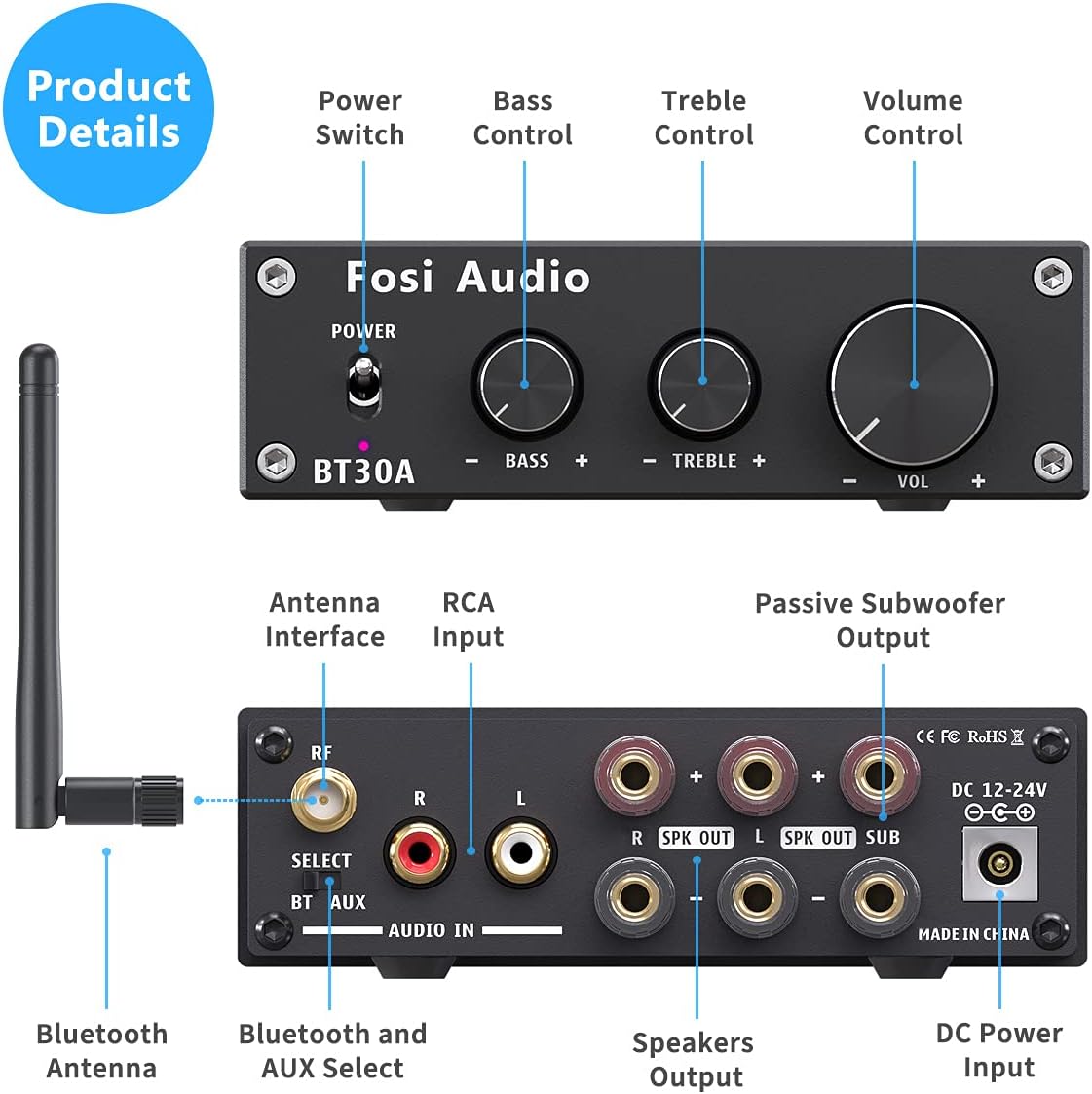 Bluetooth 5.0 Stereo Amplifier 2.1 Channel Mini Hi-Fi Digital Amp for Home Speakers K730755