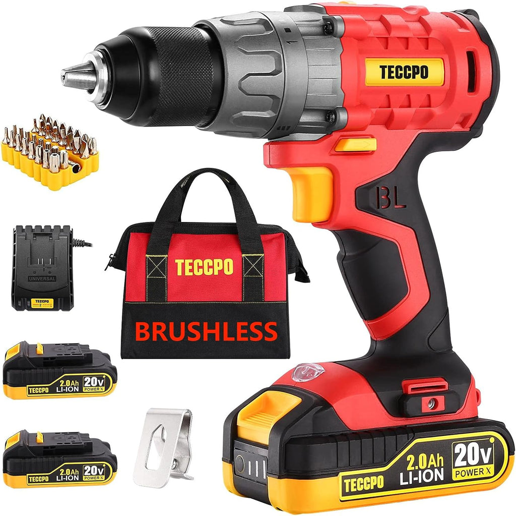 TECCPO Cordless Drill, 20V Drill Set Power Drill, Brushless Drill Driver with 2 Batteries, 530 In-lbs, 1/2"All-Metal Chuck, 21+1 Torque Settings, 0-1500RPM Variable Speed, 33pcs Accessories with Case