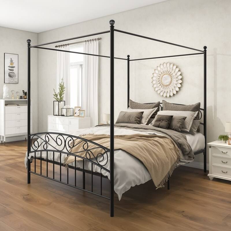 Queen Size 4 Poster Canopy Bed Frame with Mattress Foundation G932579