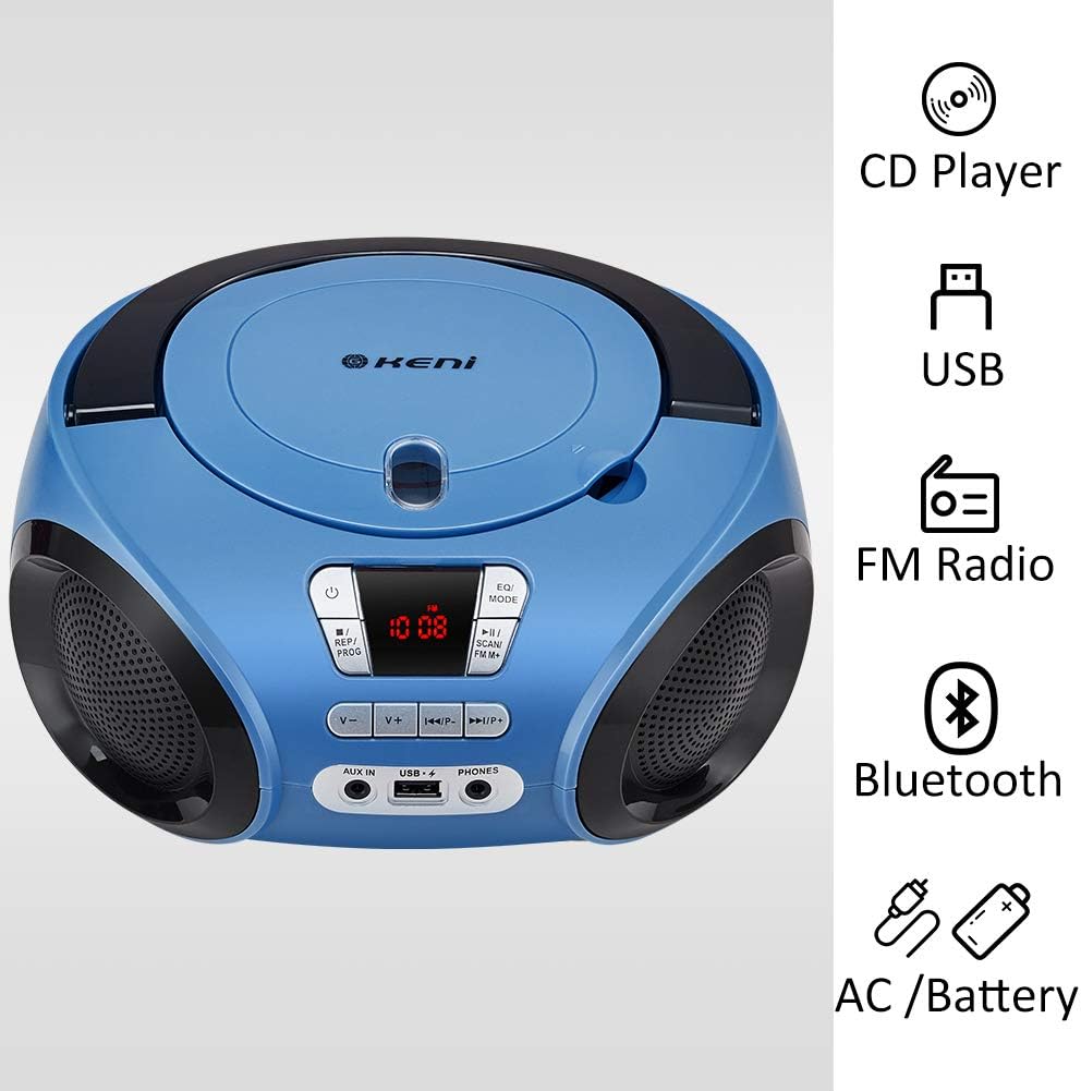 Portable CD Player Boombox with FM Radio, Bluetooth, and Stereo Sound, Blue, 2-Pack W26710